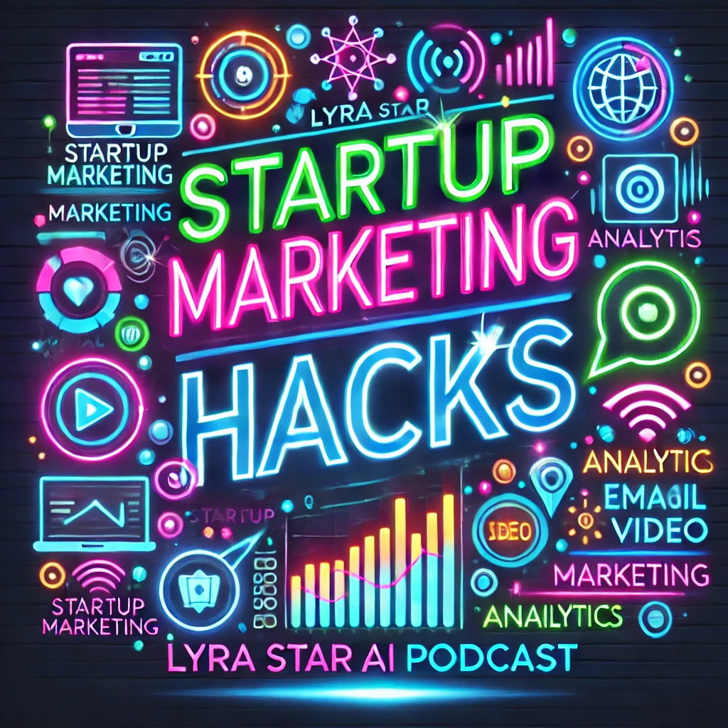 A bold and vibrant podcast cover for a digital marketing episode titled 'Startup Marketing Hacks.' The design features a futuristic and tech-inspired