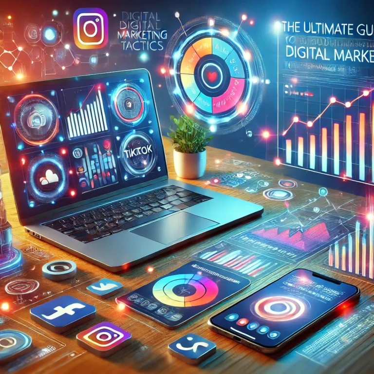 Feature image showcasing digital marketing tools, social media icons, and analytics in a vibrant and modern setting.