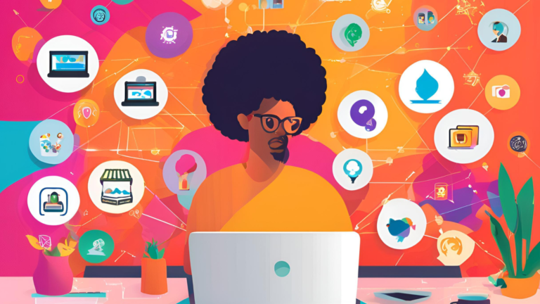 A dynamic and engaging design showcasing a startup founder working on a laptop, surrounded by icons representing digital marketing hacks like micro-influencers, video marketing, and local SEO.