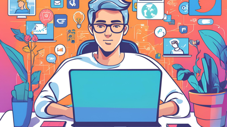 A modern design featuring a startup entrepreneur working on a laptop, surrounded by icons for affordable marketing strategies like social media, email campaigns, and content creation. Vibrant, professional, and growth-focused.